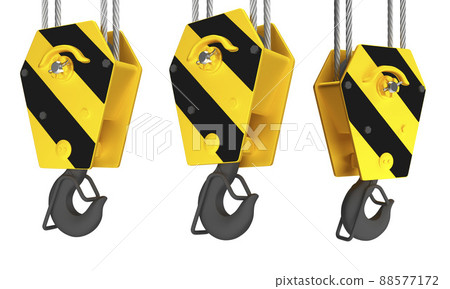 Black and yellow cranes hooks hanging on steel ropes 3d render 88577172