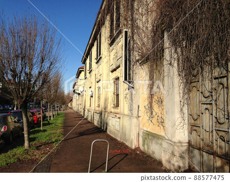 Old abandoned 20th century military warehouses, via Olivieri, Milan, Italy, 2019. 88577475