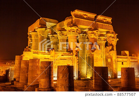 Exterior view of The Temple of Sobek and Horus in the night at Kom Ombo. 88577507