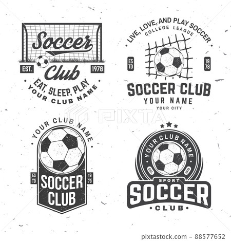 Set of soccer, football club badge design. Vector illustration. For football club sign, logo. Vintage monochrome label, sticker, patch with football player, soccer and football gate silhouettes. Set of soccer, football club badge design. Vector illustration. For football club sign, logo. Vintage monochrome label, sticker, patch with football player, soccer and football gate silhouettes. 88577652