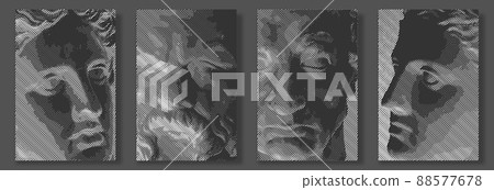 Engraved antique face. Vector illustration. Digital graphic for posters, banners, flyers, cover, historic artwork, ancient picture. Vintage engraving. Plaster head. 88577678