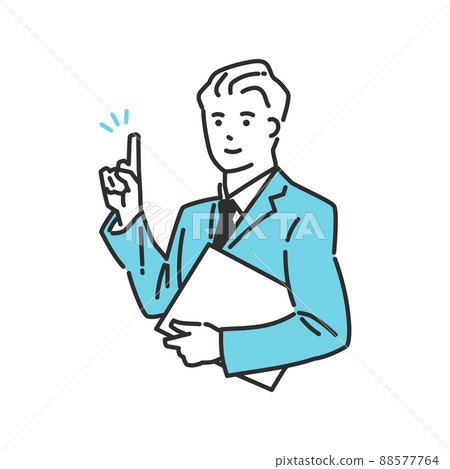 Simple upper body illustration material of a smart business person in a suit who raises his index finger to guide customers 88577764
