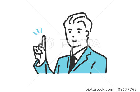 Simple bust-up illustration material of a business person in a suit who raises his index finger to guide customers 88577765