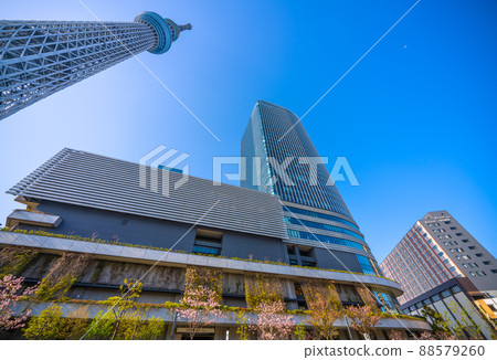 日本的東京城市景觀，我想看看在藍天下閃閃發光的東京天空樹等 88579260