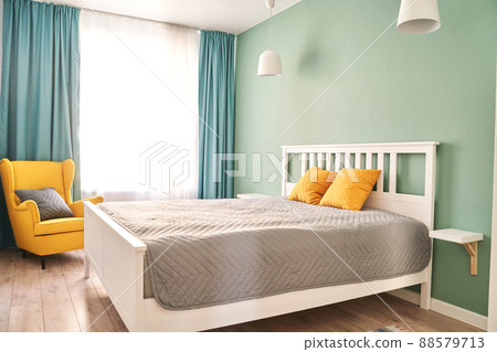 Home bedroom background. Hotel wood style. Room backdrop. Modern interior 88579713
