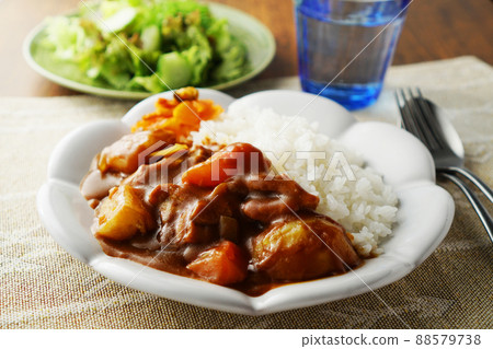 咖哩飯(咖哩雞)和蔬菜沙拉 咖哩飯(咖哩雞)和蔬菜沙拉 88579738