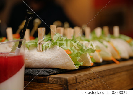 Mexican tacos with meat, beans and salsa 88580291