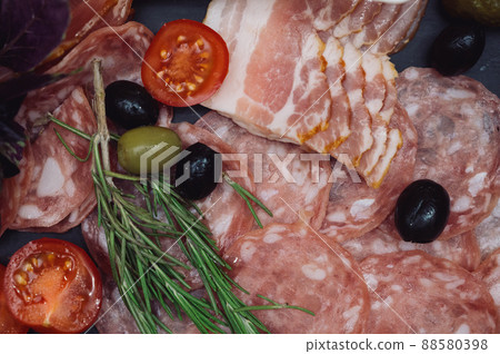 Different types of sausages served on wooden table Different types of sausages served on wooden table 88580398