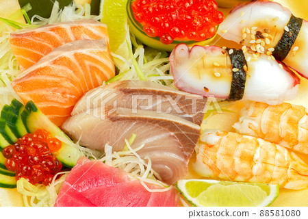 traditional japanese food sushi, nigiri, sashimi, tuna fish and salmon. delicious dinner or lunch for one person. close up flat lay traditional japanese food sushi, nigiri, sashimi, tuna fish and salmon. delicious dinner or lunch for one person. close up flat lay 88581080
