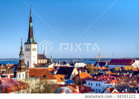 Overview of old city, Tallinn in Estonia taken from the overlook in Toompea showing the town walls and churches. HDR shoot 88581121