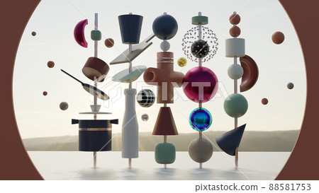 Fun 3D geometry outdoors, kitchen theme, abstract punchy pastels, 3D rendering 88581753