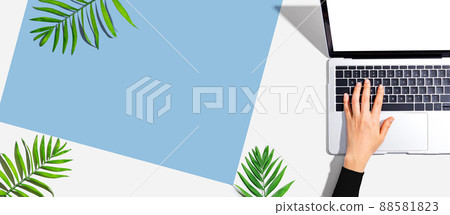 Person using a laptop computer with tropical leaves Person using a laptop computer with tropical leaves 88581823