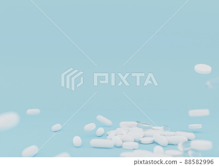 Pills on the light blue background. Medicines, tablets, pharmacy. Health, healthcare concept. Free, copy space for your text. 3d rendering. 88582996