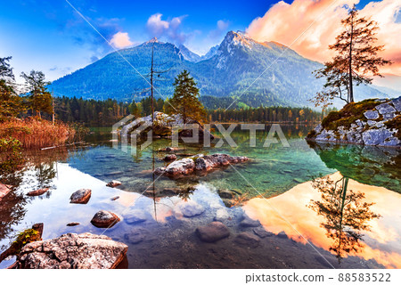 Hintersee Lake, Germany. Beautiful autumn sunset water reflection scene Hintersee Lake, Berchtesgaden. Hintersee Lake, Germany. Beautiful autumn sunset water reflection scene Hintersee Lake, Berchtesgaden. 88583522