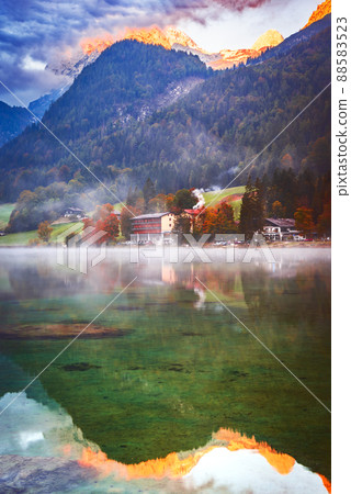Hintersee Lake, Germany. Beautiful autumn sunset water reflection scene Hintersee Lake, Berchtesgaden. Hintersee Lake, Germany. Beautiful autumn sunset water reflection scene Hintersee Lake, Berchtesgaden. 88583523