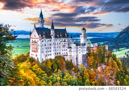 Neuschwanstein, Bavaria - Famous bavarian fairytale castle autumn landscape in Alps, Germany 88583524