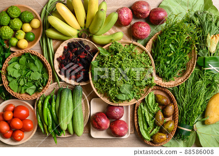 Organic Southeast Asian vegetables and fruits from local farmer market, Northern of Thailand 88586008