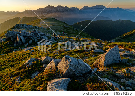 Hotaka mountain range, spear of dawn seen from Mt. Sugoroku in the Northern Alps 88586250