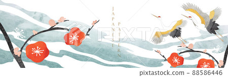 Crane bird decoration vector. Japanese background with hand drawn wave pattern. Ocean sea banner design with natural landscape template in vintage style. Branch of flower element. Crane bird decoration vector. Japanese background with hand drawn wave pattern. Ocean sea banner design with natural landscape template in vintage style. Branch of flower element. 88586446