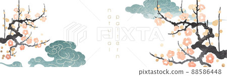 Japanese background with watercolor texture vector. Cherry blossom flower branch, Chinese cloud and chinese element decorations in vintage style. Art abstract banner and template design. 88586448