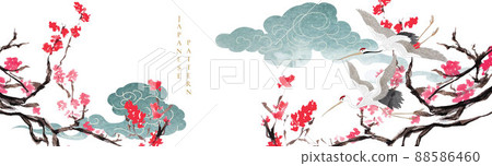 Crane birds vector. Japanese background with watercolor texture painting texture. Oriental natural pattern with chinese cloud decoration banner design in vintage style. Branch of floral pattern. Crane birds vector. Japanese background with watercolor texture painting texture. Oriental natural pattern with chinese cloud decoration banner design in vintage style. Branch of floral pattern. 88586460