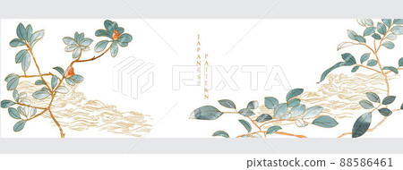 Art natural banner design. Japanese background with watercolor texture vector. Branch with leaves decoration in vintage style. Hand draw wave. Art natural banner design. Japanese background with watercolor texture vector. Branch with leaves decoration in vintage style. Hand draw wave. 88586461