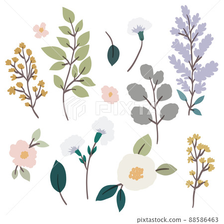 Simple Abstract hand drawn various shapes and doodle Botanical Nature flowers and Leaves icon Wedding concept - cute flowers. Floral poster, invite. vector Elements illustration 88586463