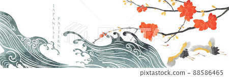 Crane bird with flower element decoration vector. Japanese background with hand drawn wave pattern banner. Ocean sea banner design with natural landscape template in vintage style. Watercolor texture. 88586465
