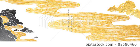 Japanese background with hand drawn wave in vintage style. Art landscape and ocean sea with shape element banner design. Gold and black texture. Japanese background with hand drawn wave in vintage style. Art landscape and ocean sea with shape element banner design. Gold and black texture. 88586466