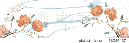 Art natural banner design. Japanese background with watercolor texture vector. Branch with floral and leaves decoration in vintage style. Hand drawn natural element. Art natural banner design. Japanese background with watercolor texture vector. Branch with floral and leaves decoration in vintage style. Hand drawn natural element. 88586467