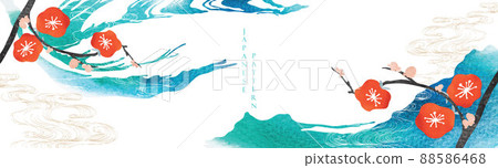 Japanese background with watercolor texture vector. Flower branch decoration with floral pattern illustration banner in vintage style. Japanese background with watercolor texture vector. Flower branch decoration with floral pattern illustration banner in vintage style. 88586468