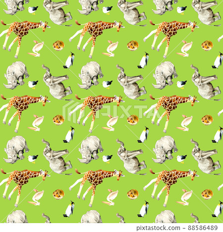 Seamless pattern of zoo creatures Animal print textile Hand drawn watercolor illustration background material 88586489