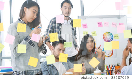 Creative design woman present talking use sticky notes post, present ideas. Diversity multi ethnic group brainstorming teams with business partner meeting and share ideas in conference room. 88587059