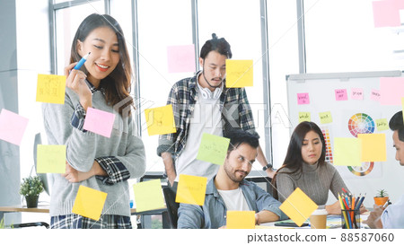 Creative design woman present talking use sticky notes post, present ideas. Diversity multi ethnic group brainstorming teams with business partner meeting and share ideas in conference room. 88587060