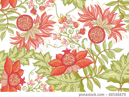 Decorative pomegranate fruits and flowers in art nouveau style, 88588870