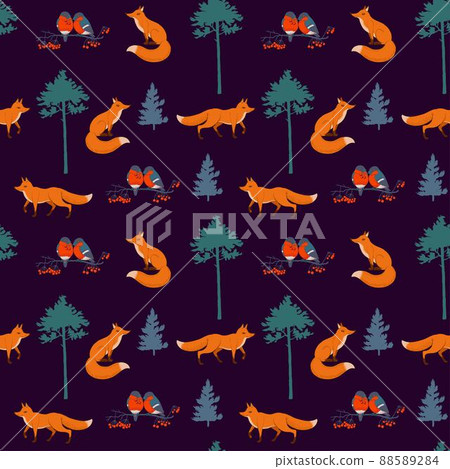 Cute seamless pattern with animals and Christmas trees. Cute seamless pattern with animals and Christmas trees. 88589284