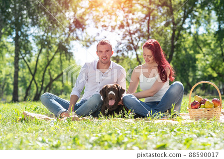 Couple with a dog in the park 88590017
