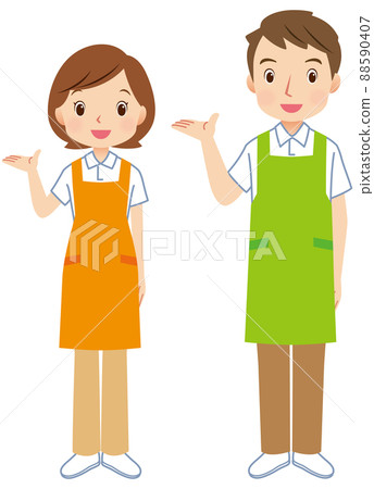 Caregiver staff to guide men and women with aprons 88590407