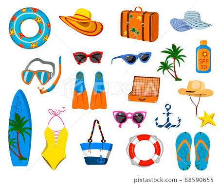 a set of things for vacation, vacation at the sea, beach things. Vector isolated on a white background 88590655