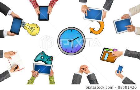 Top view of businesspeople sitting at table and using gadgets 88591420