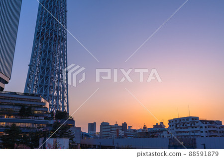 View of Tokyo cityscape of Japan 3 contrails (far right), Tokyo Sky Tree, Oshiage station, etc. View of Tokyo cityscape of Japan 3 contrails (far right), Tokyo Sky Tree, Oshiage station, etc. 88591879