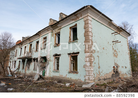 War ruins. Destroyed city after the bombing. Dead city. Bombed buildings. 88592398