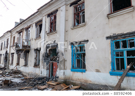 War ruins. Destroyed city after the bombing. Dead city. Bombed buildings. War ruins. Destroyed city after the bombing. Dead city. Bombed buildings. 88592406