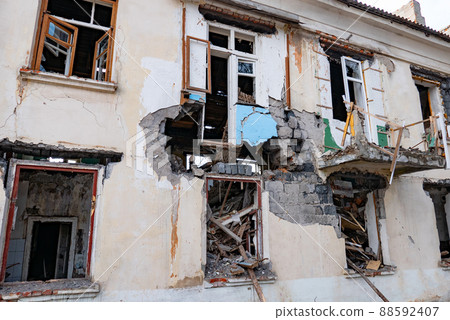 War ruins. Destroyed city after the bombing. Dead city. Bombed buildings. 88592407