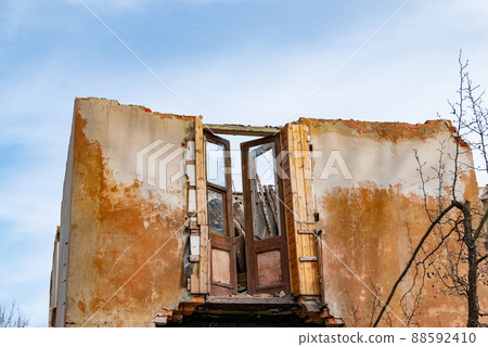 War ruins. Destroyed city after the bombing. Dead city. Bombed buildings. 88592410