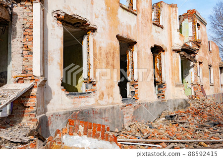 War ruins. Destroyed city after the bombing. Dead city. Bombed buildings. 88592415