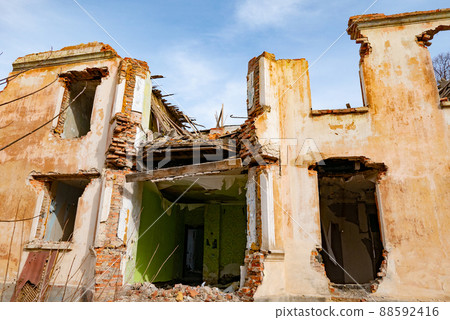 War ruins. Destroyed city after the bombing. Dead city. Bombed buildings. 88592416