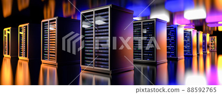 Servers. Servers room data center. Backup, mining, hosting, mainframe, farm and computer rack with storage information. 3d rendering 88592765