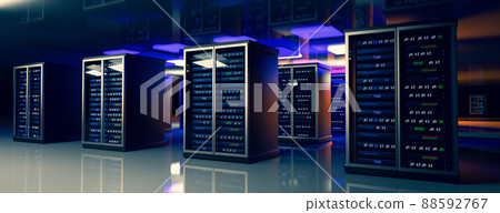 Servers. Servers room data center. Backup, mining, hosting, mainframe, farm and computer rack with storage information. 3d rendering 88592767