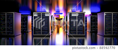 Servers. Servers room data center. Backup, mining, hosting, mainframe, farm and computer rack with storage information. 3d rendering Servers. Servers room data center. Backup, mining, hosting, mainframe, farm and computer rack with storage information. 3d rendering 88592770